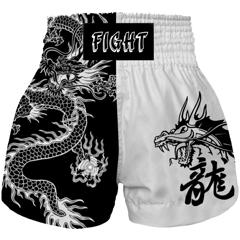 Black & White Dragon Print Fight Muay Thai Shorts