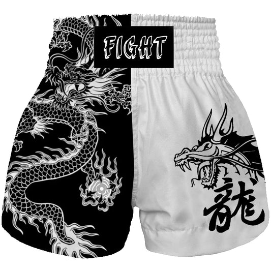 Black & White Dragon Print Fight Muay Thai Shorts