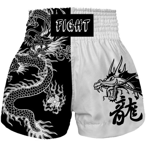 Black & White Dragon Print Fight Muay Thai Shorts