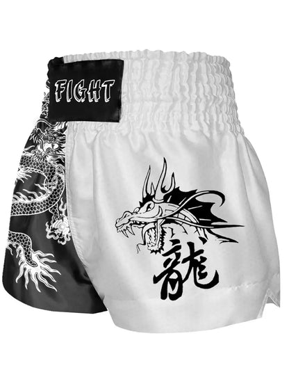 Black & White Dragon Print Fight Muay Thai Shorts